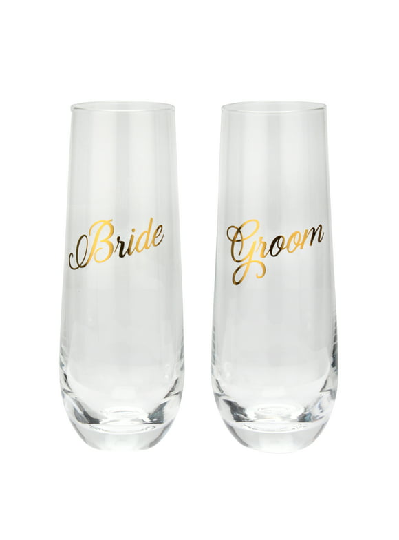 Way To Celebrate! BRIDE and GROOM Stemless Clear and Gold Glass Champagne Flutes