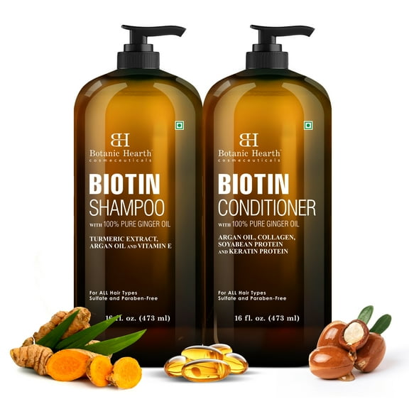 Botanic Hearth Biotin Shampoo and Conditioner Set with Ginger Oil and Keratin, Sulfate-Free Hair Care for Men and Women, 16 fl oz Each