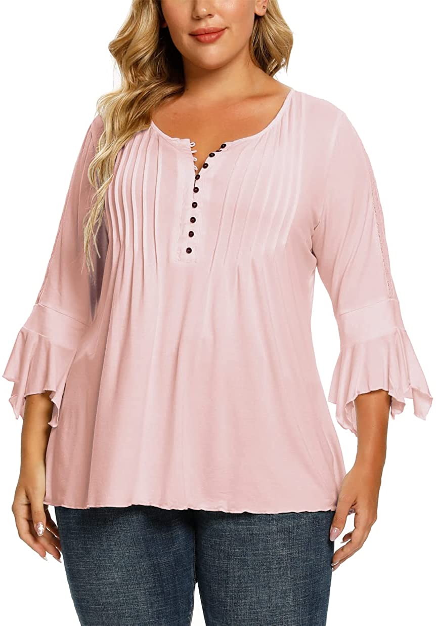 Jo.Hannah Womens Henley Tops 3/4 Bell Sleeves Plus Size Lace Inset