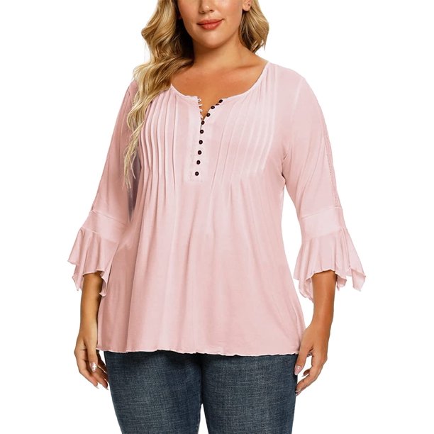 Jo.Hannah Womens Henley Tops 3/4 Bell Sleeves Plus Size Lace Inset