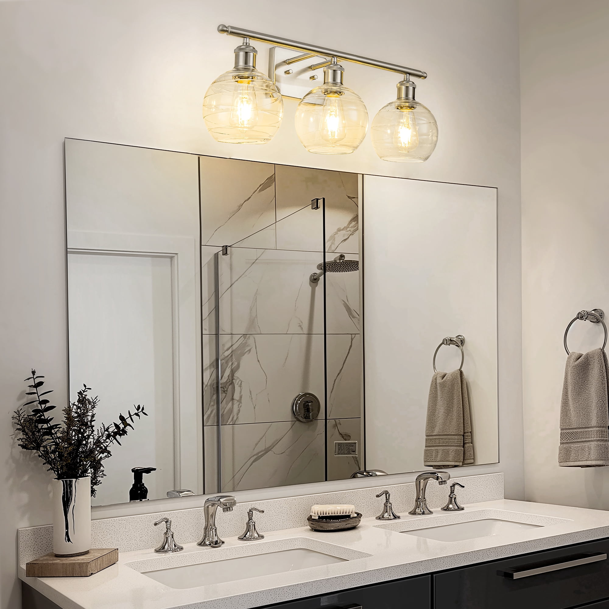 YANSUN 23 in 3-Light Nickel Vanity Light with Clear Glass Globes for Bathroom Mirror, Makeup Vanity, Dressing Room (Bulbs Not Included)