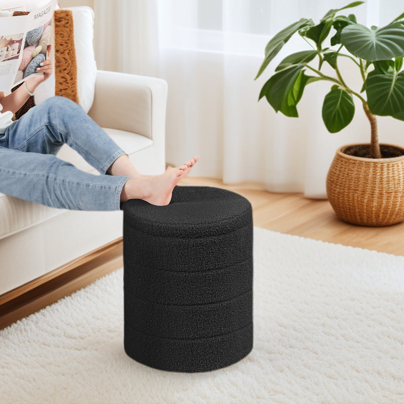B FSOBEIIALEO 14.6inch Collapsible Storage Ottoman Round with Tray Teddy Fabric Living Room Bedroom Ottoman with Storage(Black)