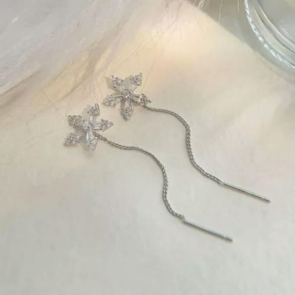 EOEMY 18K Gold Plated Long Flower Crystal Threader Tassel Earrings Womens Jewelry Gift-Silver