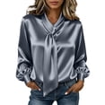 thumbnail image 2 of Zivyakyron Casual Blouse for Women Long Sleeve Satin Tie Neck Fall Loose Women Tops Elegant Plain Gray M, 2 of 10