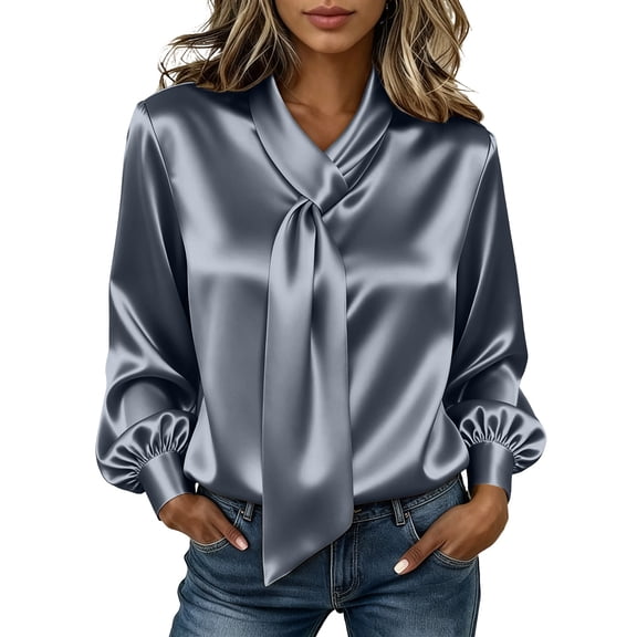 CHGBMOK Women's Plus Size Satin Blouse Long Sleeve Bow Tie Neck Work Shirts Loose Fit Casual Tops