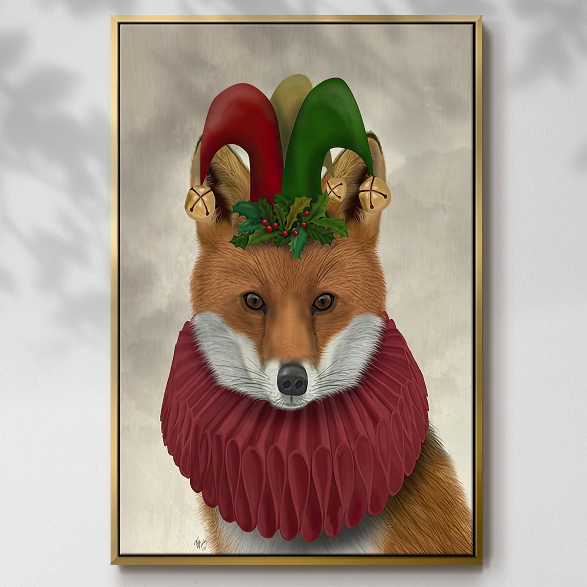 Christmas Foxy Christmas Fool - Framed Gallery Wrapped Holiday Canvas - 27 x 41 - Gold Frame