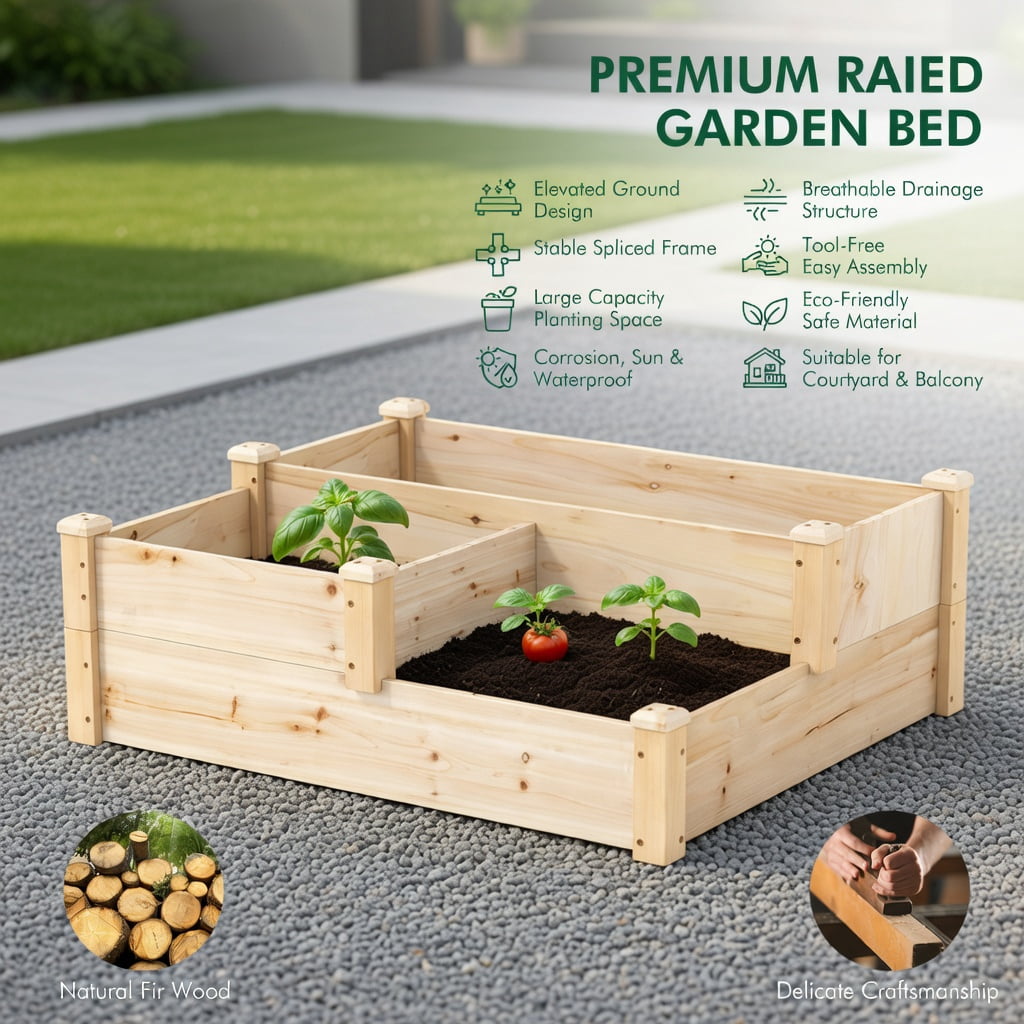 Topcobe 3-Tier Wooden Raised Garden Bed with Open-Ended Base, Planters for Outdoor Plants, Raised Garden Beds Outdoor, Natural