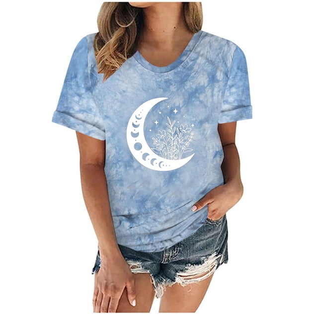 Camiseta con estampado de sol y luna para mujer, camiseta de manga corta con cuello redondo, camiseta informal divertida y bonita para chica adolescente OAVQHLG3B Store lin121212