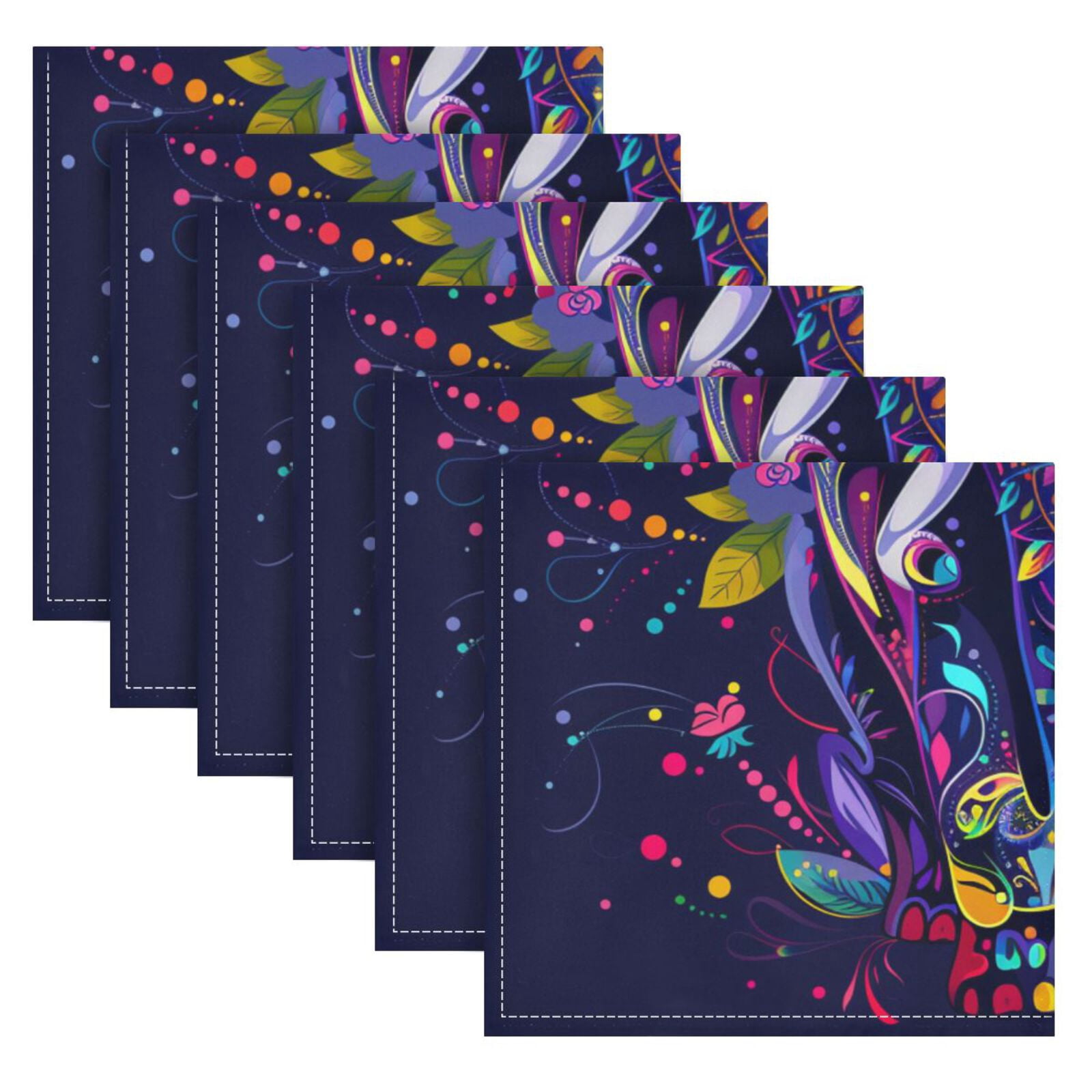 JSTEL Rainbow Elephant Flower Boho Cloth Napkins Set of 6, 20x20 Inch Washable and Reusable Napkin for Decoupage Dinner Party Everyday Use