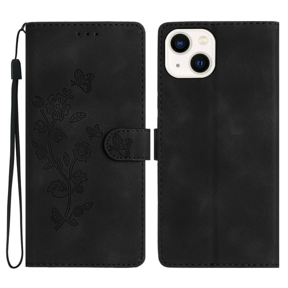 SaniMore Wallet Case for iPhone 14 Plus 6.7" 2022,  PU Leather Embossed Flower Shockproof [Card Slots   Cash Pocket   Removeable Wrist Strap] Kickstand Full Protective Business Shell, Black