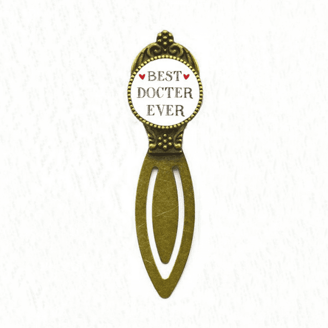 Best doctor ever Quote Profession Bookmark with a retro design, featuring a polished metal finish and an oval-shaped clip. The bookmark has an inner circle diameter of 2 cm (0.8 inches) and a total length of 8 cm (3.15 inches). The top section displays the text 'Best Doctor Ever' in bold lettering with small red heart accents. Ideal for book lovers, professionals, or as a thoughtful gift, it comes in an exquisite small gift box for added protection.