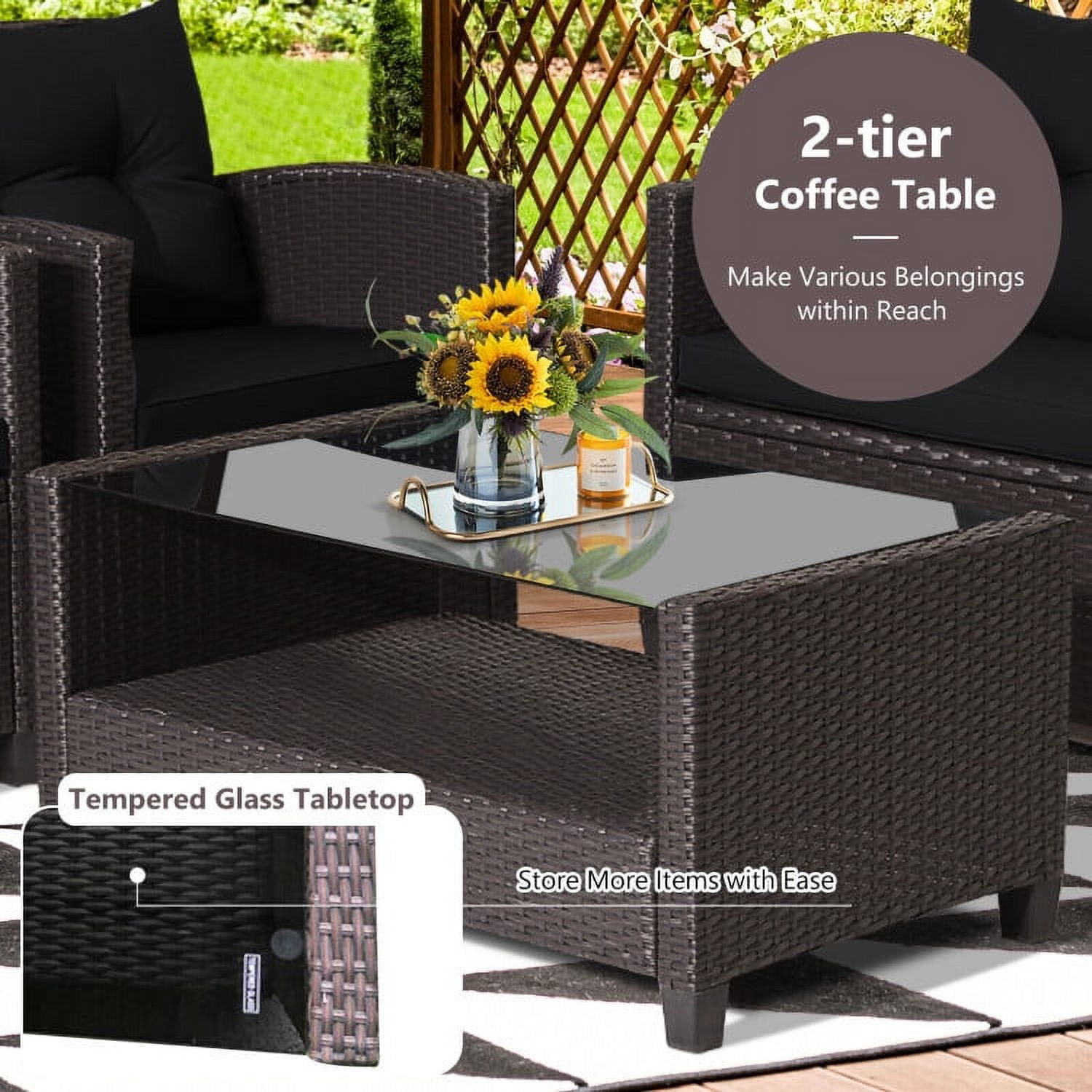 Aimee Lii 4 Pieces Wicker Patio Furniture Set with Tempered Glass Coffee Table, Wicker Outdoor Sectional, Black Aimee Lii 4 Pieces Wicker Patio Furniture Set with Tempered Glass Coffee Table, Wicker Outdoor Sectional, Black