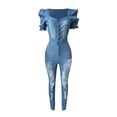 thumbnail image 4 of Women's New Ruffle Puff Sleeves Denim Jumpsuit Mid-Waist Washed Effect Casual Sexy S-M-L-XL-XXL, 4 of 5