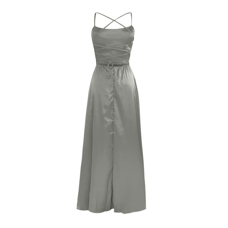SMihono Summer Floor Length Ball Gown for Women High Waist Pleated Swing  Slit Evening Party Dress Slim Sleeveless Prom Dress Flowy Solid House Dress  Trendy Strap Cold Shoulder Babydoll Gray 4 -