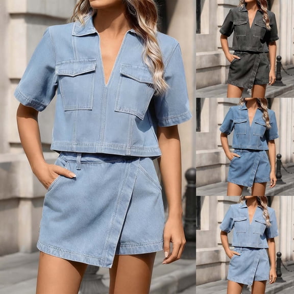 CHUMUD Two Piece Sets for Women Summer Outfits Short Sleeve Crop Denim Jacket Top Button Down Casual Jean Shirt with Pocket Mini Skorts Shorts