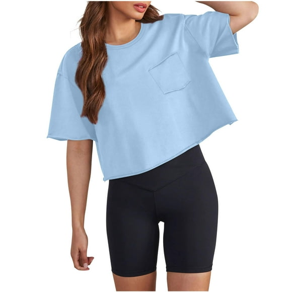 FAIWAD Crop Tops for Women Workout Summer Tops Baggy Basic Tee Shirts with Pocket Loose Trendy 2024