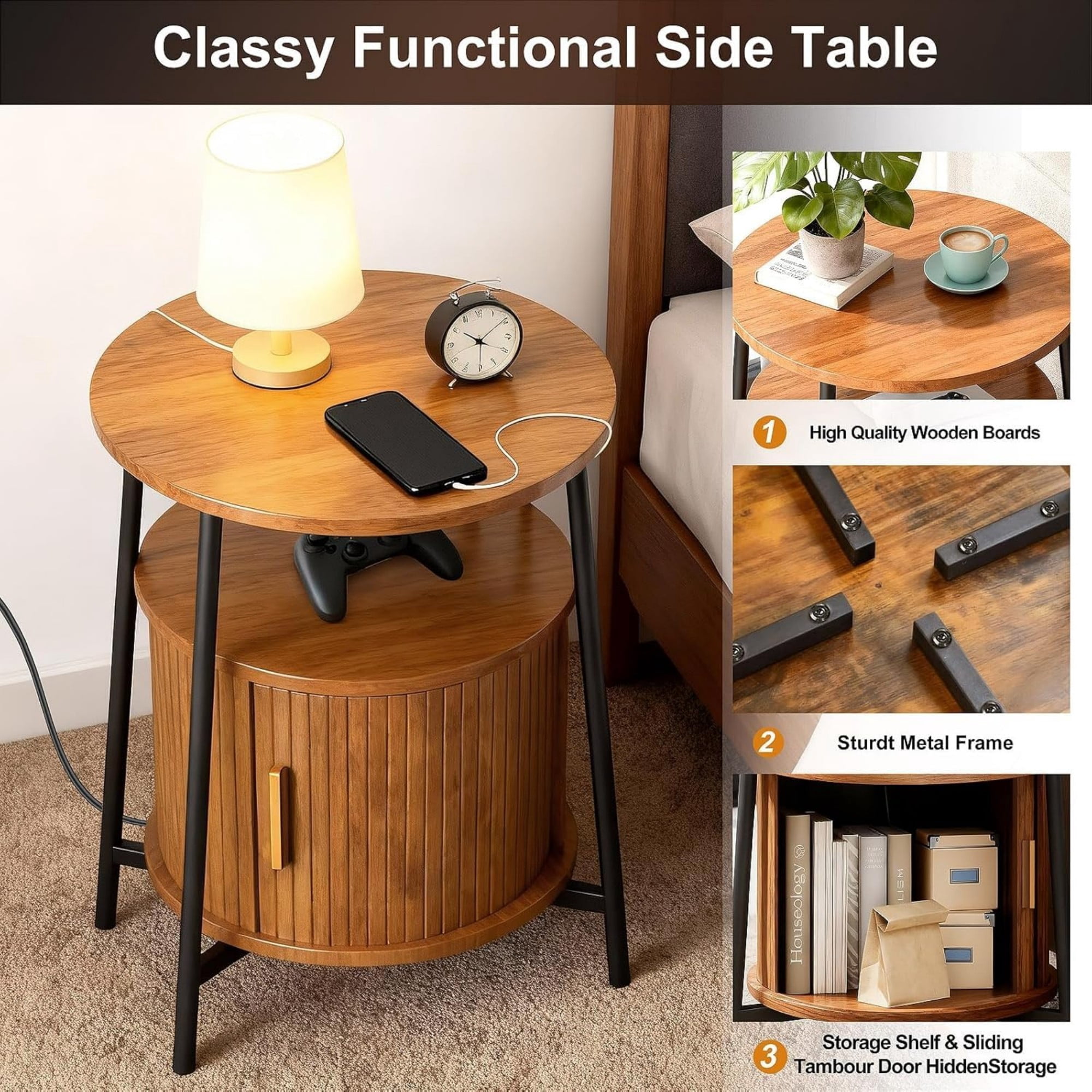 Round End Table Set of 2 with Charging Station, Fluted Side Table with Sliding Door, Mid Century Modern Nightstand for Bedroom & Living Room, Yellow