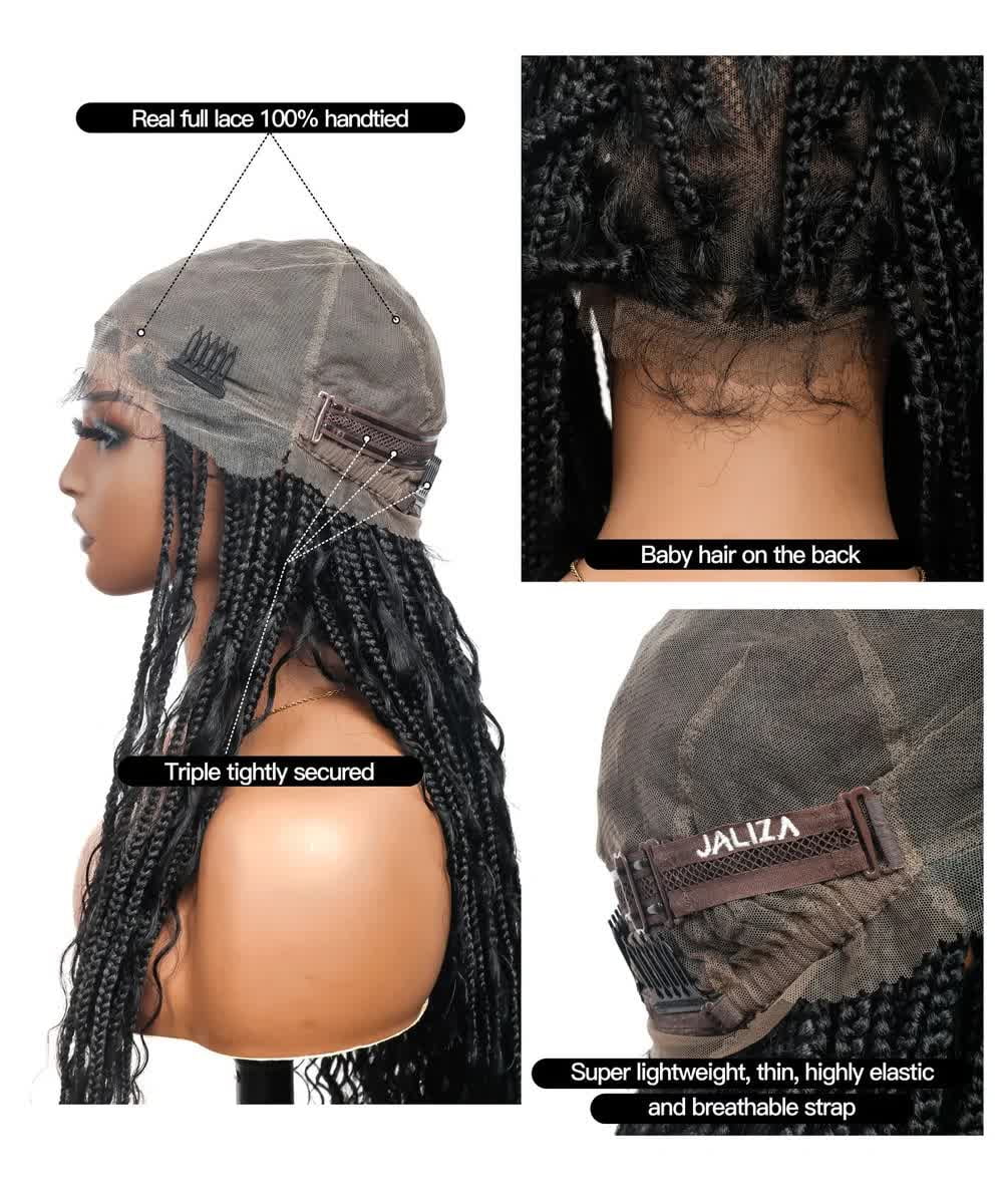 JALIZA Triangle Base Human Hair Boho Curls 36" HD Full Lace Knotless Boho Box Braided Wig Full Density 99 Strands