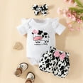 thumbnail image 2 of KPOPLK Baby Girl Summer Clothes I’m New Here Going Home Outfit Ruffle Ribbed Romper Tops Floral Shorts Set + Headband cow print outfit(9-12 Months,White), 2 of 4