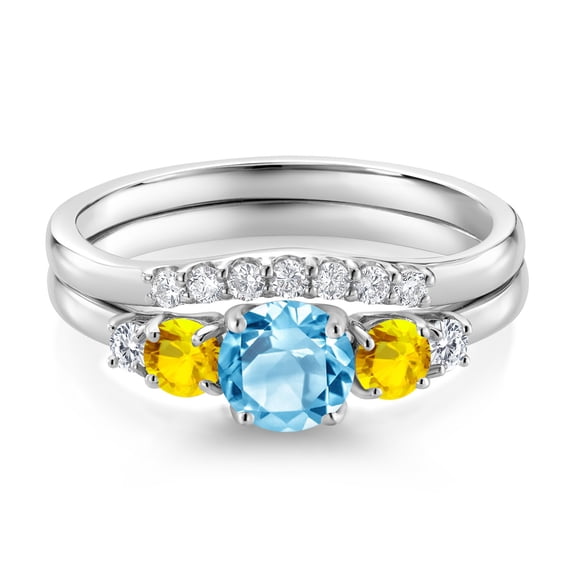 Gem Stone King 10K White Gold Swiss Blue Topaz Yellow Sapphire and White Lab Grown Diamond 5 Stone Bridal Engagement Wedding Ring Set for Women (1.03 Cttw, Round: 5MM and 3MM, Size 6)