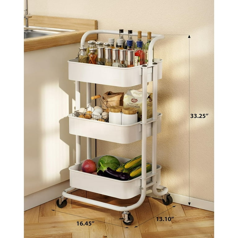 3-Tier Rolling Utility Cart With Lockable Wheels - White Mesh Storage Cart For Kitchen, Office, Bathroom