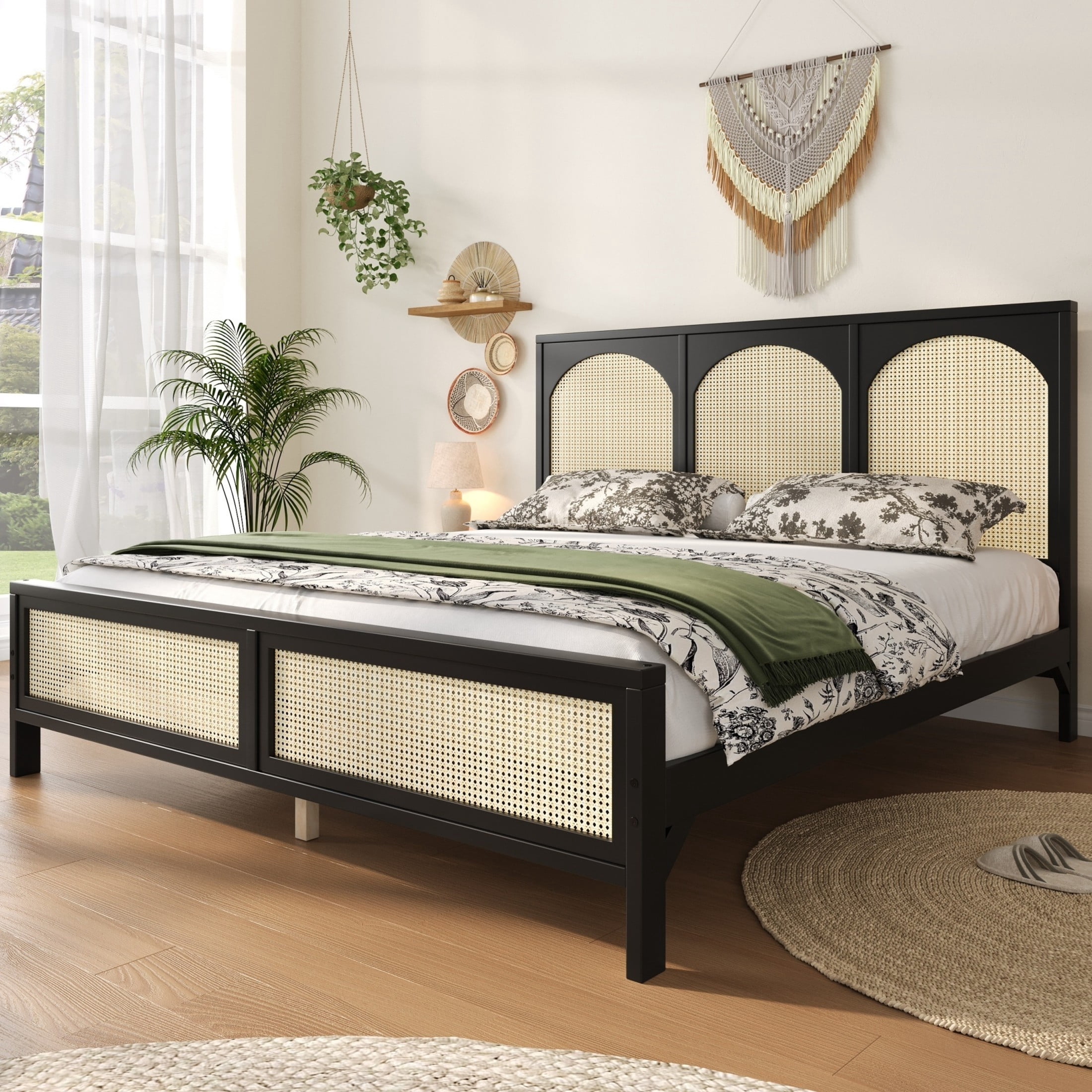 Noble House Driscoll King Size Wood Platform Bed with Rattan Headboard & Footboard, Modern Bed Frame, Black