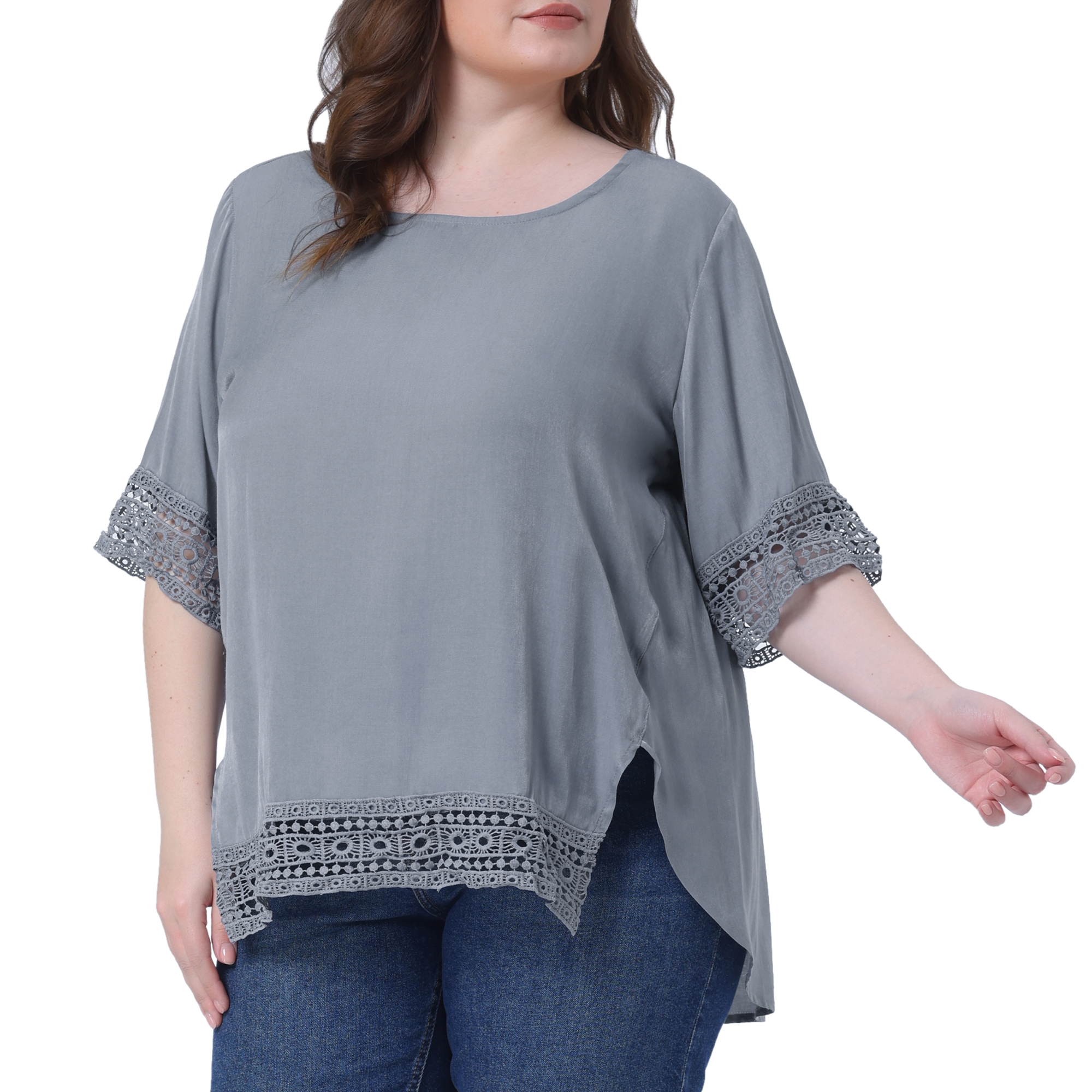 Women's Plus Summer Tops Lace Crochet Short Sleeve Casual Blouses 1X Light Gray