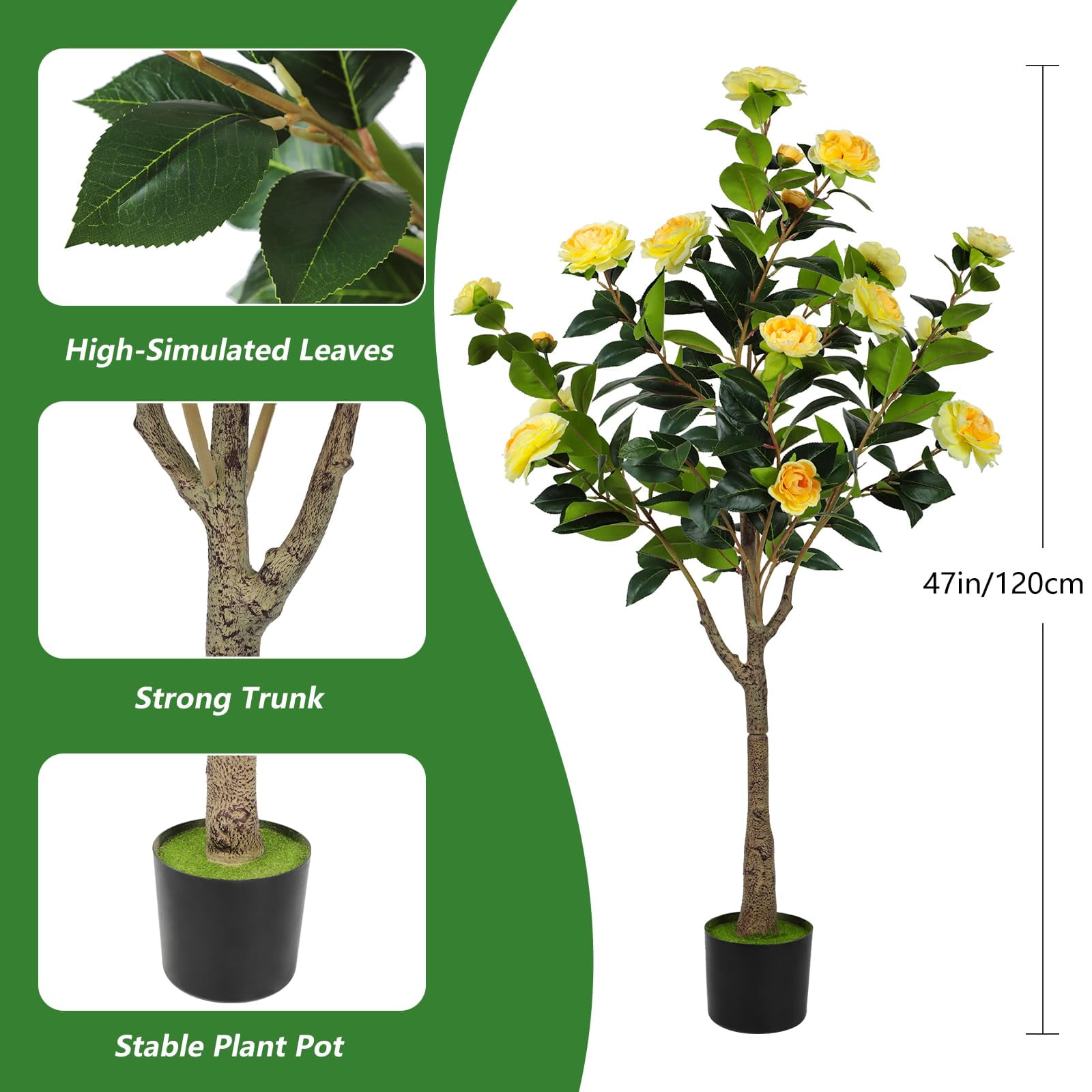 2 Pack 4FT Artificial Camellia Flowers Tree, Yellow Fake Camellia Plant Potted with Faux Greenery Leaves, Realistic Blooming Faux Floral Tree for Indoor Outdoor Home Decor, Yard Patio Office Porch