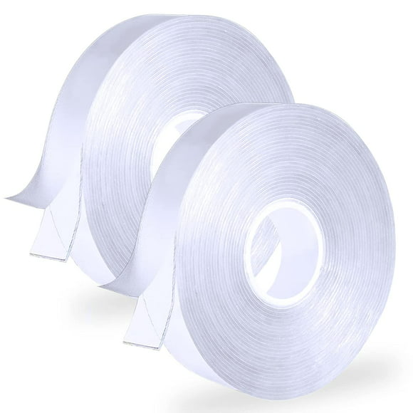 Double Sided Mounting Tape Heavy Duty, 2 Rolls Two Sided Strong Adhesive Strips, Removable Clear Sticky Tack for Wall Hanging, 34FT Washable Reusable Nano Magic Tape Gel