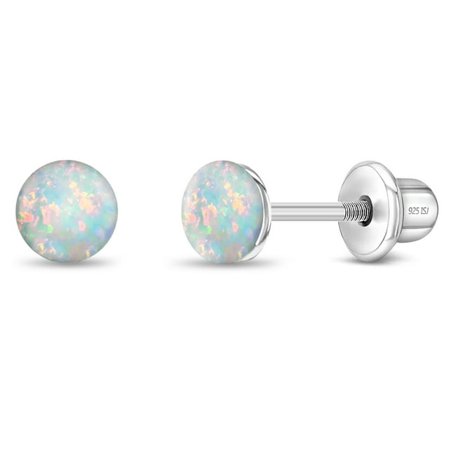 Opal Button 4mm Baby / Toddler / Kids Earrings Screw Back - Sterling Silver