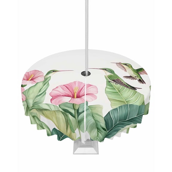 Hokiten Outdoor Tablecloths with Umbrella Hole & Zipper, Tropical Plants Round Tablecloth 54 Inch, Summer Spring Flowers Palm Leaves Birds Waterproof Table Cloth, Patio/Pool/Picnic Table Covers