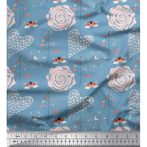 Soimoi Velvet Fabric Heart,Bee & Floral Artistic Print Fabric by The Yard 58 Inch Wide