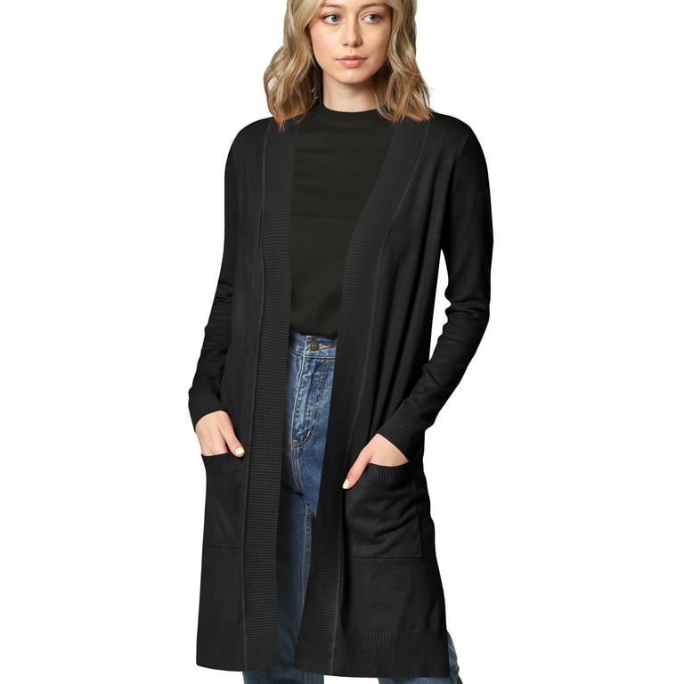 Made by Johnny Women s Essential Long Sleeve Solid Open Front Long Knited Cardigan Sweater with Pocket for Women L BLACK