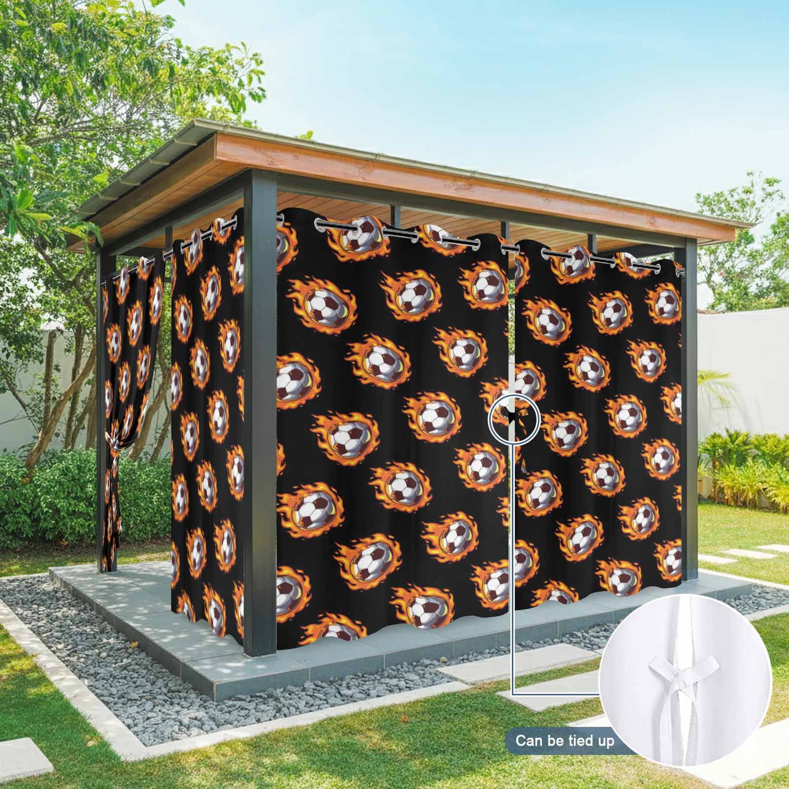 Dark Flaming Soccer Outdoor Curtains for Patio, Sports Orange Yellow Soccer Ball Black Background Sunshade Privacy Drapes Grommet Waterproof Outside Curtains for Porch Balcony 54"x108", 1 Panel