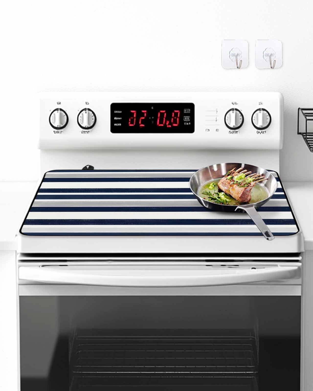 Stove Top Covers for Electric Stove, Navy Blue White Striped Glass Stovetop Cover Protector, Grey Farmhouse Stripe Abstract Art Induction Cooktop Protector Oven Mat for Kitchen Countertop 24"x21"