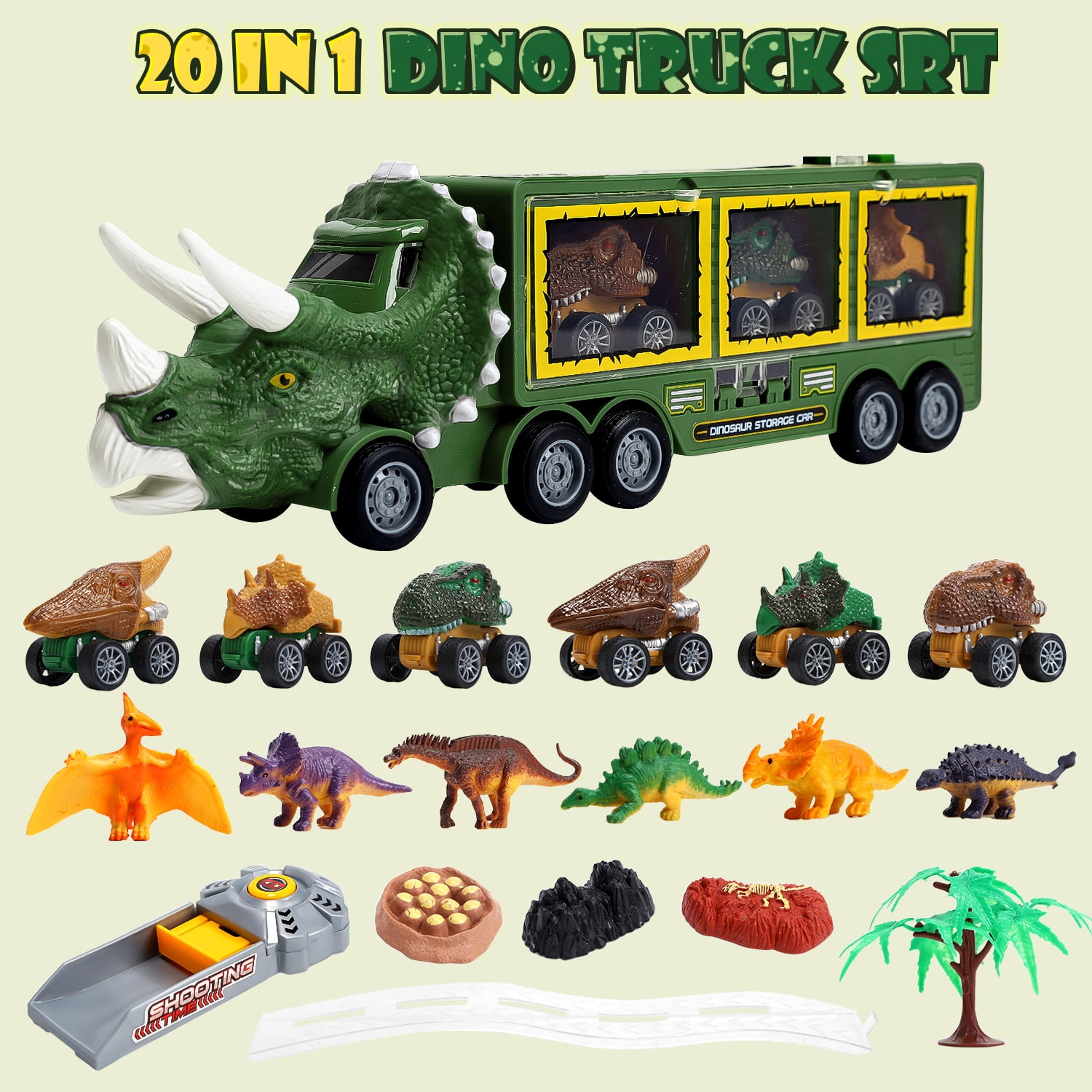 JoyStone 20 in 1 Dinosaur Truck Toys with Lights & Sounds,  Dinosaur Play Set for Kids 3-5 Years, Including 6 Pull Back Cars, 6 Dino Figures, Birthday Gift for Boys Girls, Green