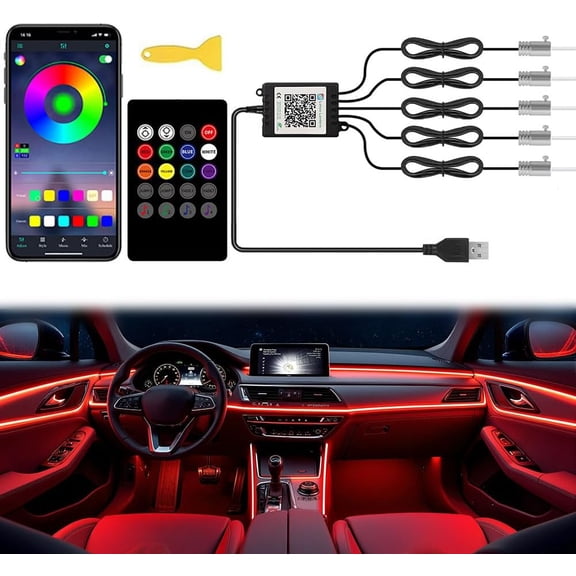 Car LED Interior Strip Lights, TEKSHINNY RGB Light Wireless APP and Remote Control, 5 in 1 Ambient Lighting Kit with 236 Inches Fiber Optic, EL Wire Lights for Inside