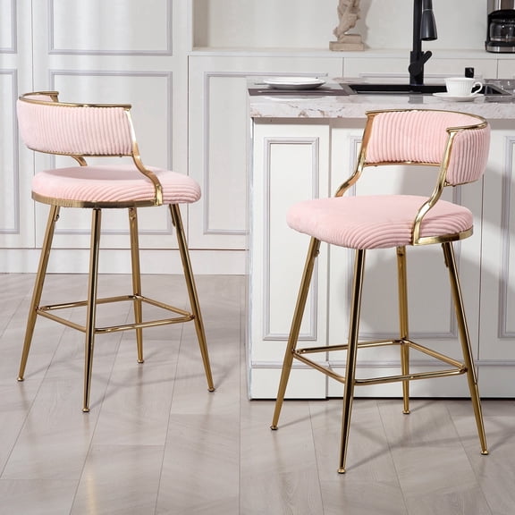 Peispie 25" Counter Height Bar Stools Set of 2, Modern Corduroy Barstools with Low Back and Gold Metal Legs, Padded Kitchen Island Chairs with Footrest for Home Bar, Pink