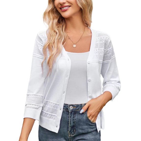 Nlife Women 3/4 Sleeve Crochet Hollowed-Out Knit Lightweight Cardigan Sweater