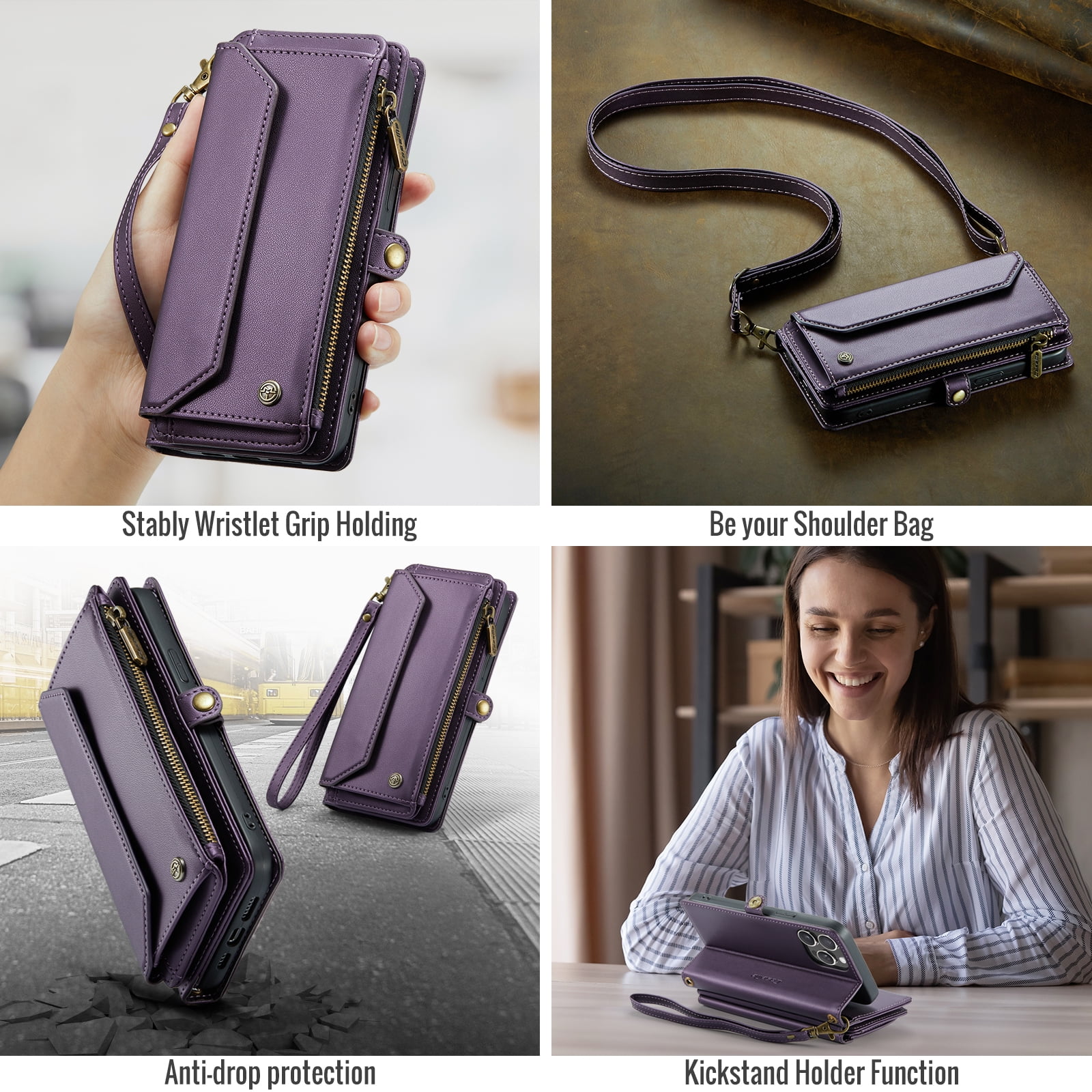 for iPhone 16 Plus Full Body Protection Wallet Folio Flip Case, Shoulder Strap & Wristlet Card Slots Zipper Pocket RFID Blocking Rugged Durable PU Leather Phone Case Cover, Purple