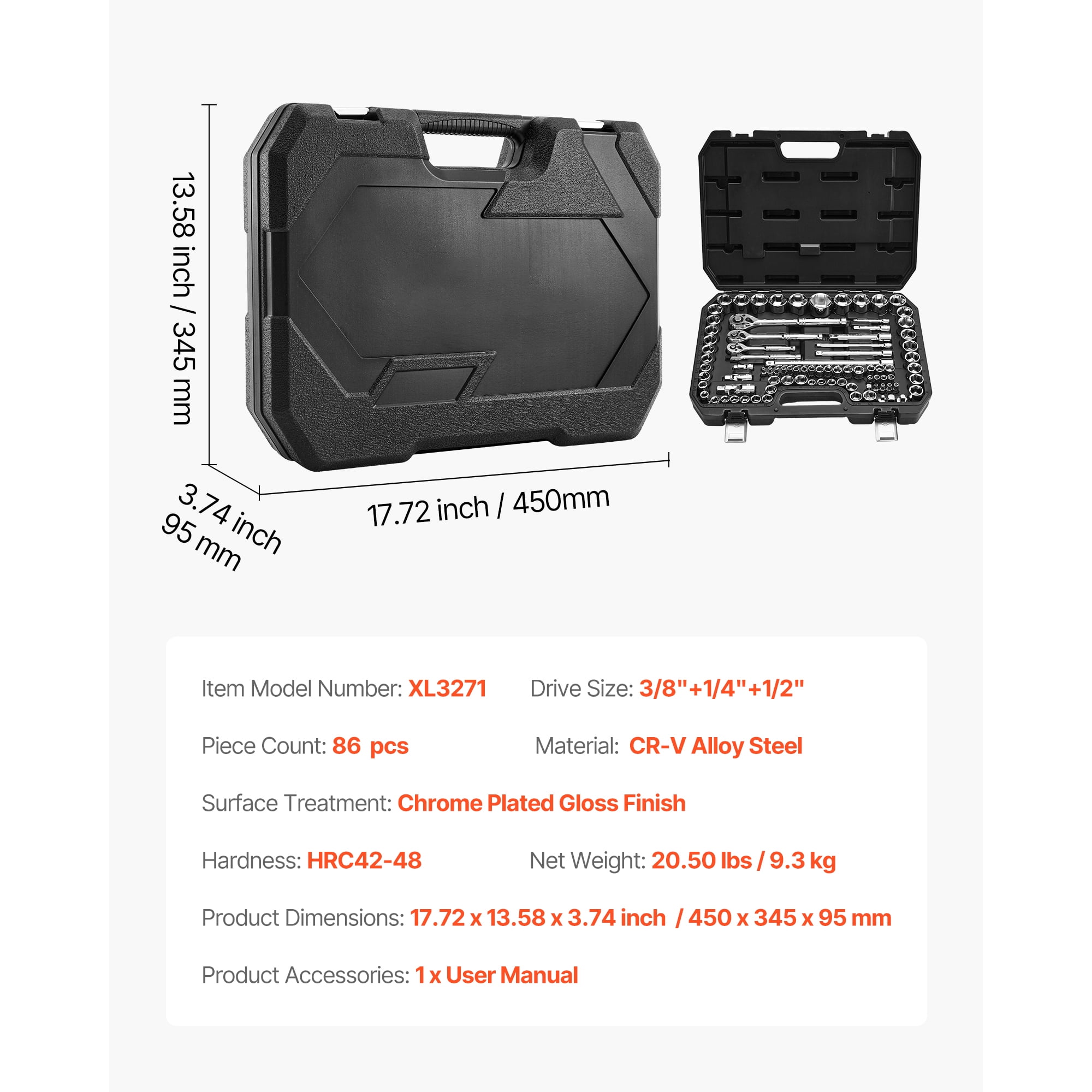 KFFKFF 86-Piece Socket Set, 3/8, 1/4, and 1/2 Inch Drive, SAE and Metric Sizes, Mechanic Tool Kit with Ratchet Wrenches, Accessories, and Durable Storage Case, Made of CR-V Alloy Steel