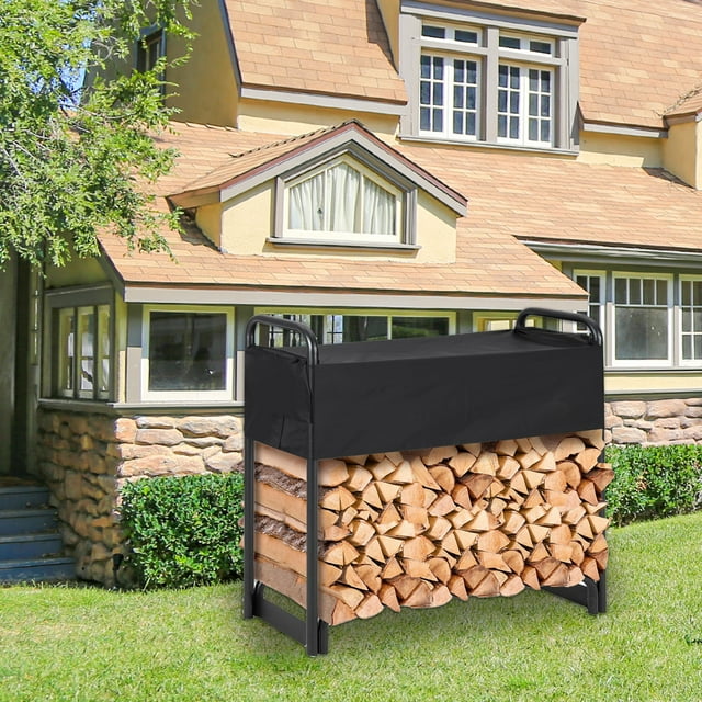Étagère Extérieure Robuste pour Bois de Chauffage avec Housse Imperméable 600D – Porte-Bûches en Acier de 4,3 Pi, Cordon 1/4, 440 Lb, Support de Rangement en Bois Résistant à la Rouille pour Patio, Jardin, Cour Arrière, Assemblage Facile – une Période