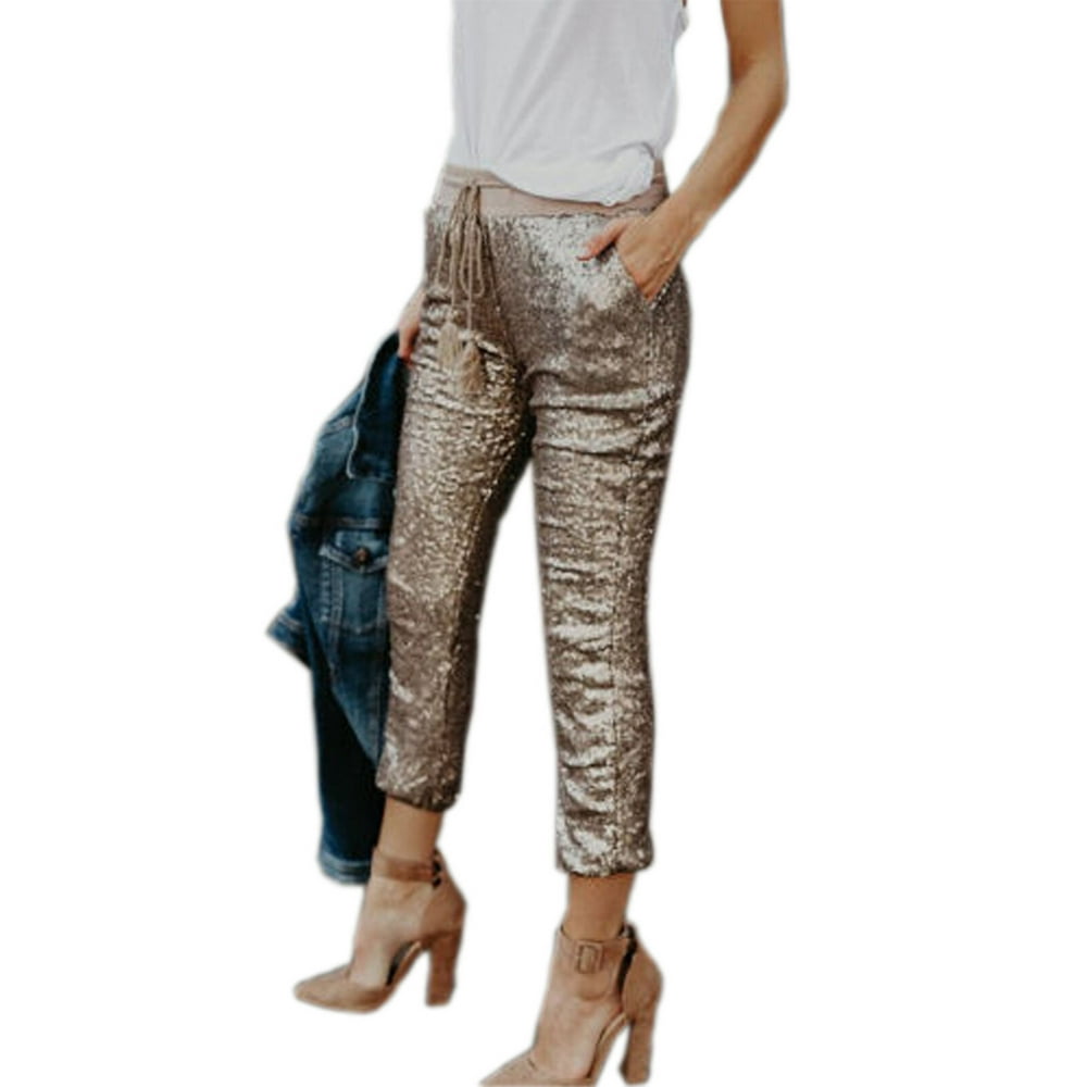 Diconna Women Sequin Trousers Elastic Party Cocktail Evening Dance
