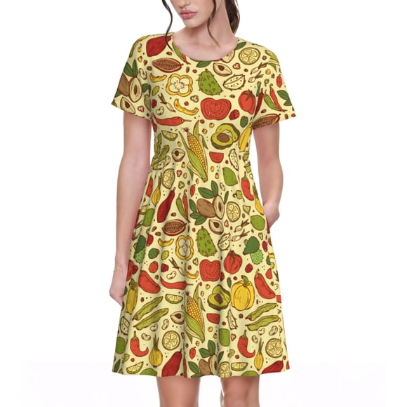 Vsdgher Fruits et Légumes pour Femmes Été 2025 Robes Midi Décontractées Légères Manches Courtes Col Rond Robe de Plage