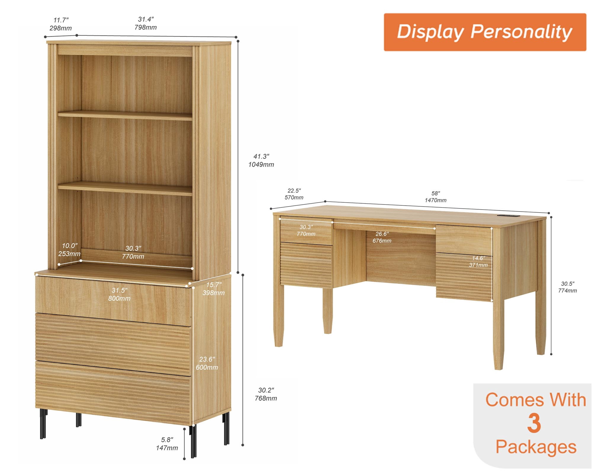 WAMPAT 2 Piece Living Room Furniture Set, 58 Inch W Console Table with 71.5 Inch H Tall Bookcase, 3 Storage Drawers, Adjustable Shelves, Modern Fluted Wood Display Storage Set for Living Room