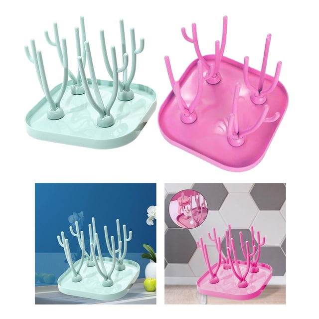 Portavasos ahorrador de espacio portabotellas con bandeja rosa + azul perfecl Rejilla de drenaje