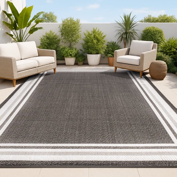 JONATHAN Y SANTA MONICA 5 x 8 Area Rug, James Border Stripe - Black/Cream, SMB201C-5