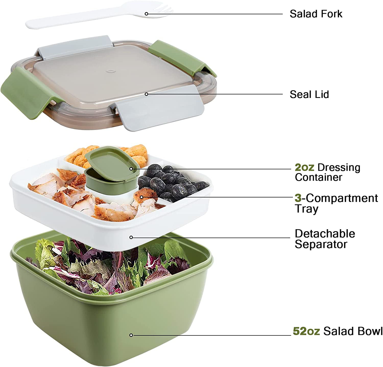 Cherrysea Salad Lunch Container, 68oz Salad Bowls with 4 Compartments  Tray,Leak Proof Lunch Box with Fork for Men,Women BPA-Free Snack Container  with