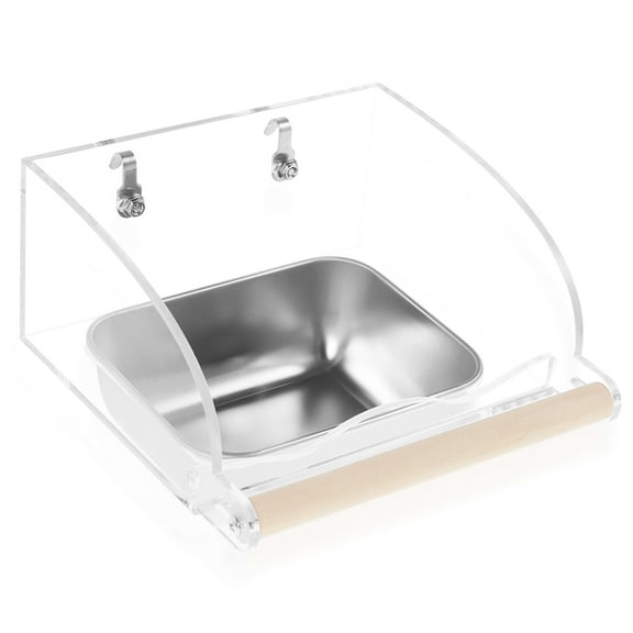 Transparent Bird Feeder for Cage Stainless Steel Bird Food and Water Bowl Fowl Bowl with Wood Stand for Small Sized Parrot