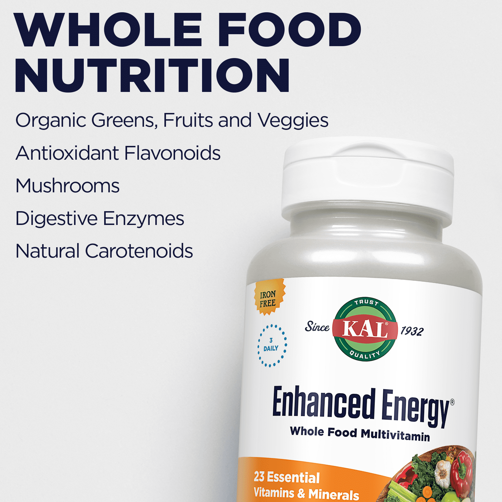 KAL Enhanced Energy Multivitamin | Whole Food Based Vitamins & Minerals w/ Antioxidants, Digestive Enzymes & Natural Carotenoids | 180 Capsules